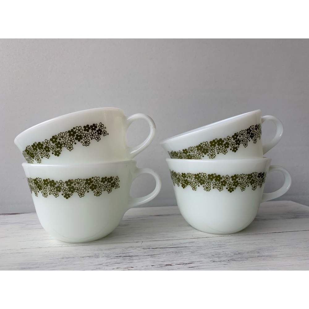 Pyrex white milk glass cups w/ retro floral print
